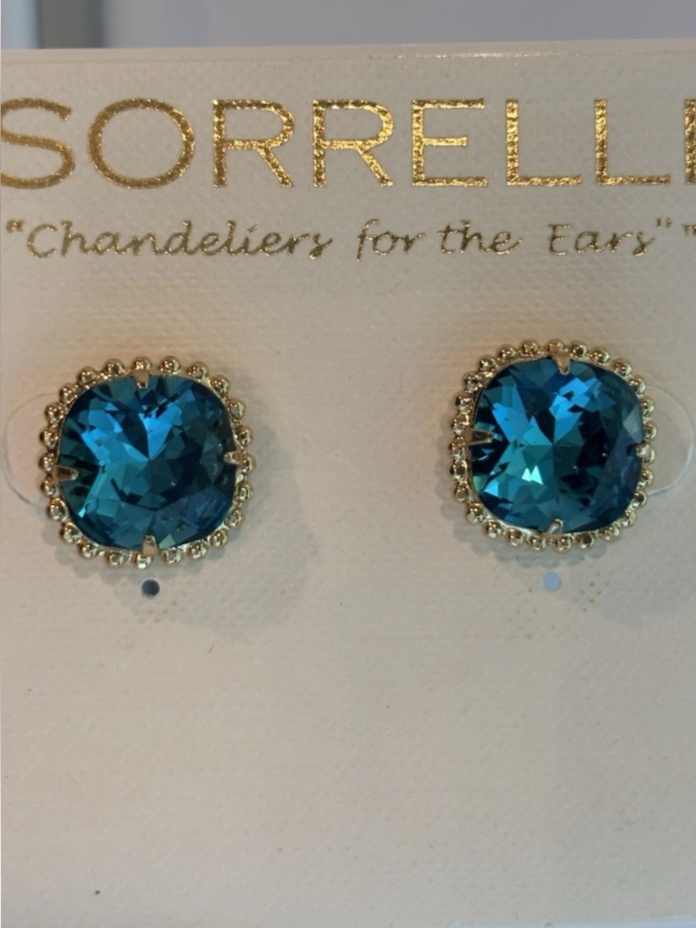 New Sorrelli Teal Blue Crystal Bright Gold Stud Earrings